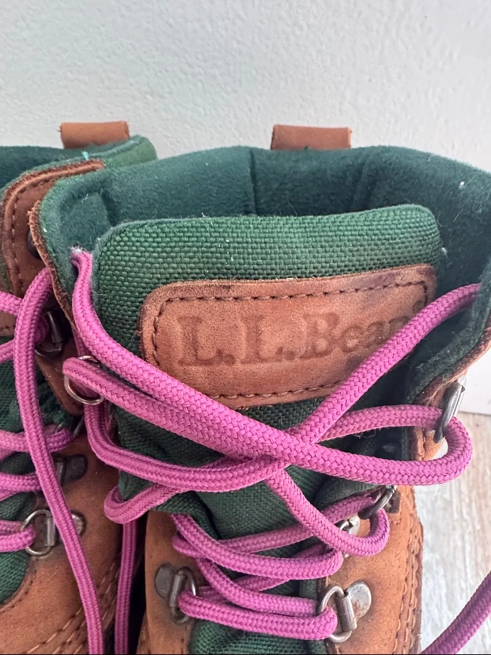 L.L. Bean Cushion Top Bean Boots  Brown leather with green canvas accents